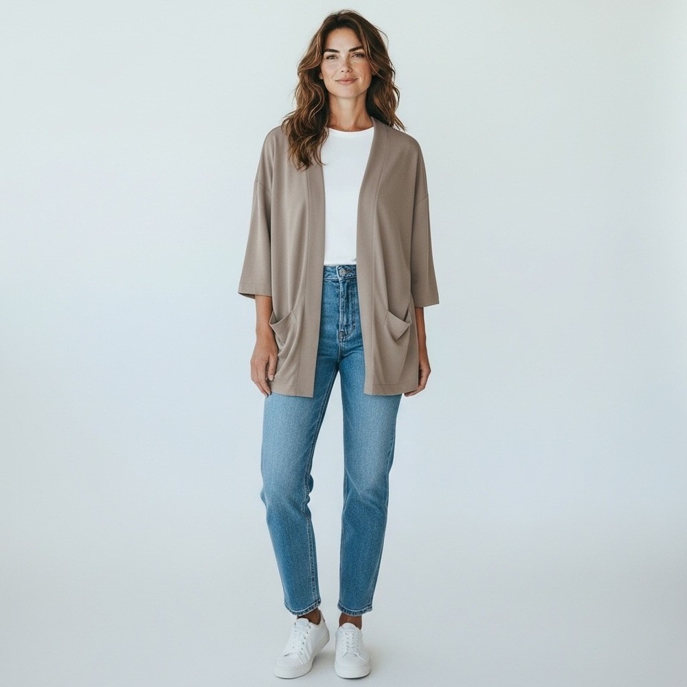 Pure‎ Jill Cardigan Soft Sisal Size M Taupe Sand-Washed Tencel Modal Open Front